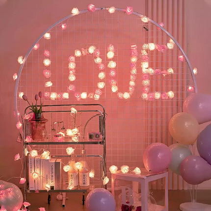 20 Pink n White Rose 3D Fairy Lights 3M String, Battery (AA) Indoor & Outdoor Decorations Wedding Valentines Romantic Room Table Lighting 3