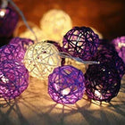 1 Set of Purple n White 5cm Rattan Cane 20 Ball Battery Powered 3m String Lights Christmas Gift Home Wedding Party Bedroom Decoration Table Centrepiece