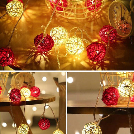 1 Set of Red and White5cm Rattan Cane 20 Ball Battery Powered 3m String Lights Christmas Gift Home Wedding Party Bedroom Decoration Table Centrepiece 3