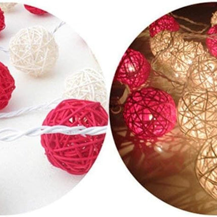 1 Set of Red and White5cm Rattan Cane 20 Ball Battery Powered 3m String Lights Christmas Gift Home Wedding Party Bedroom Decoration Table Centrepiece 4