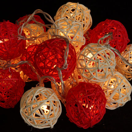 1 Set of Red and White5cm Rattan Cane 20 Ball Battery Powered 3m String Lights Christmas Gift Home Wedding Party Bedroom Decoration Table Centrepiece 8