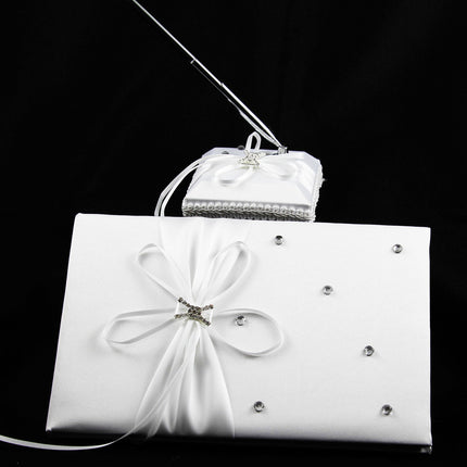 White Wedding Guest Book Register with Silver Pen Matching Stand Set 36 Lined Pages - White Ribbon and Diamante Bow Cover 2