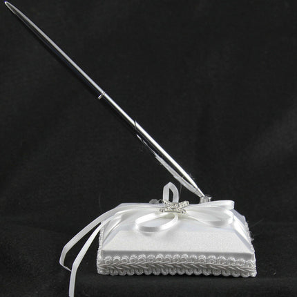 White Wedding Guest Book Register with Silver Pen Matching Stand Set 36 Lined Pages - White Ribbon and Diamante Bow Cover 3