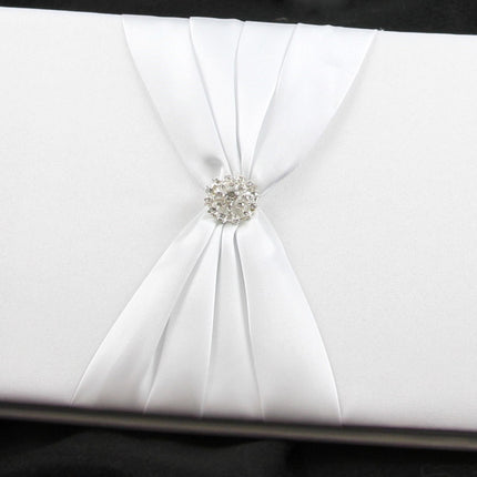 White Wedding Guest Book Register with Silver Pen Matching Stand Set 36 Lined Pages - White Sach Diamante Cover 2