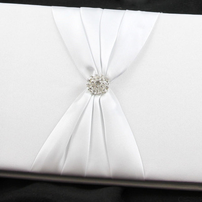 White Wedding Guest Book Register with Silver Pen Matching Stand Set 36 Lined Pages - White Sach Diamante Cover 2