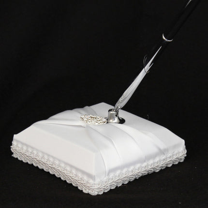 White Wedding Guest Book Register with Silver Pen Matching Stand Set 36 Lined Pages - White Sach Diamante Cover 3