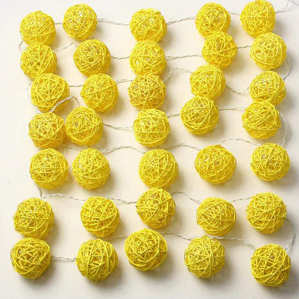 1 Set of Yellow 5cm Rattan Cane 20 Ball Battery Power 3m String Lights Christmas Gift Home Wedding Party Bedroom Decoration Table Centrepiece 2