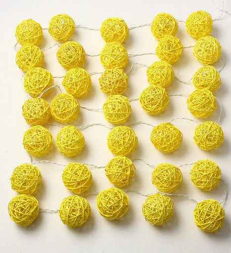 1 Set of Yellow 5cm Rattan Cane 20 Ball Battery Power 3m String Lights Christmas Gift Home Wedding Party Bedroom Decoration Table Centrepiece 2