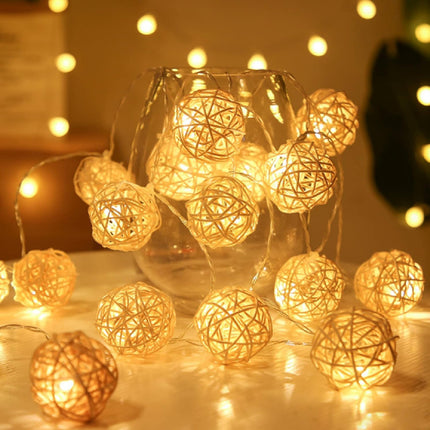 1 Set of Yellow 5cm Rattan Cane 20 Ball Battery Power 3m String Lights Christmas Gift Home Wedding Party Bedroom Decoration Table Centrepiece 4
