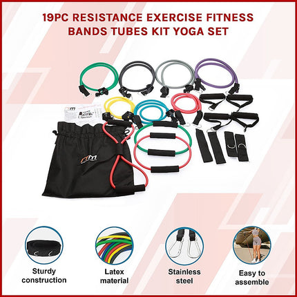 19PC Resistance Exercise Fitness Bands Tubes Kit Yoga Set 3