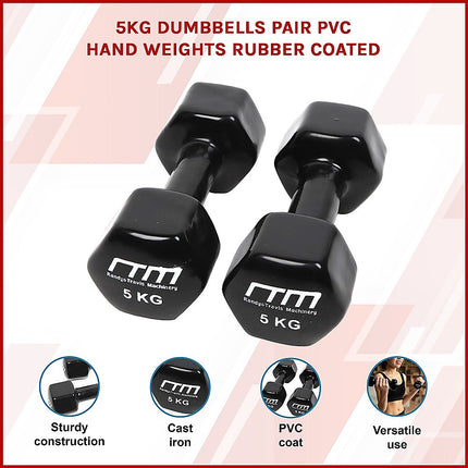 5kg Dumbbells Pair PVC Hand Weights Rubber Coated 3