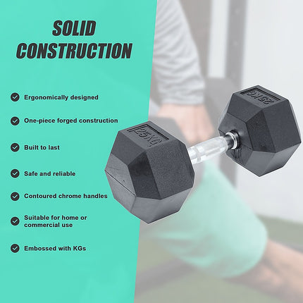 25KG Commercial Rubber Hex Dumbbell Gym Weight 10