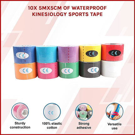 10 Rolls Muscle & Injury Kinesiology Sports Tape 5m x 5cm – Waterproof Support 3