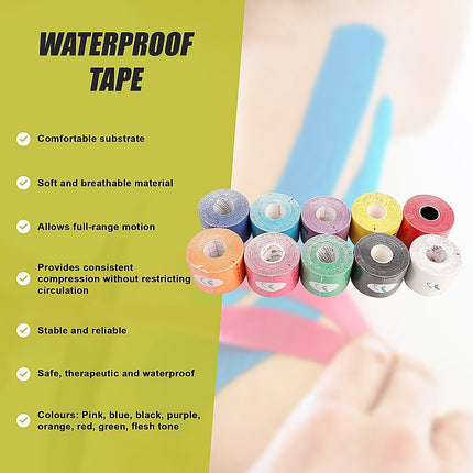 10 Rolls Muscle & Injury Kinesiology Sports Tape 5m x 5cm – Waterproof Support 10