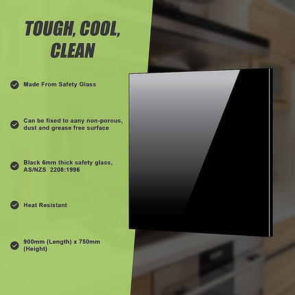 Toughened 90cm x 75cm Black Glass Kitchen Splashback 9