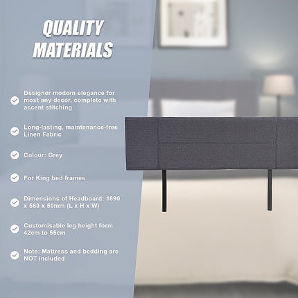 Linen Fabric King Bed Headboard Bedhead - Grey 10