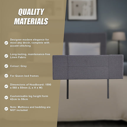 Linen Fabric Queen Bed Headboard Bedhead - Grey 10