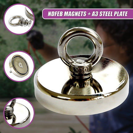 Round Neodymium Fishing Magnet with Countersunk Hole and Eyebolt, 500 LBS pull 8