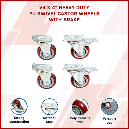 4 x 4" Heavy Duty PU Swivel Castor Wheels With Brake 3