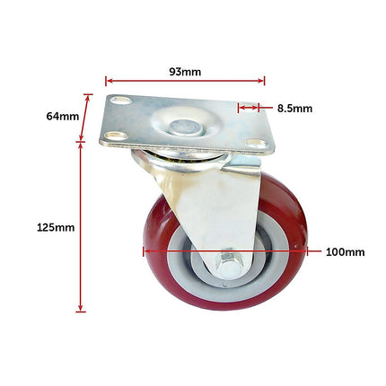 4 x 4" Heavy Duty PU Swivel Castor Wheels With Brake 12