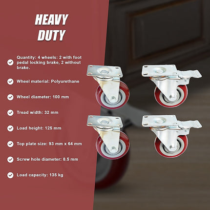 4 x 4" Heavy Duty PU Swivel Castor Wheels With Brake 10