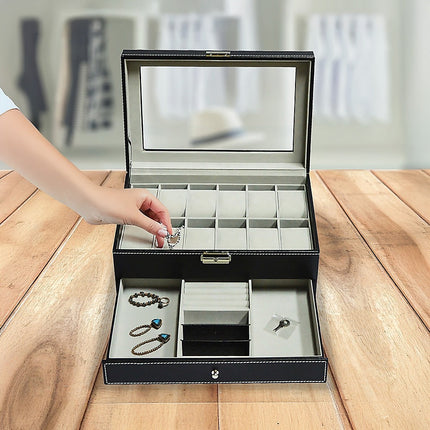 12 Grids Watch Display Case Leather jewellery Storage Box Organiser Lock Key 2