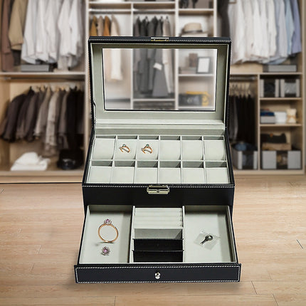 12 Grids Watch Display Case Leather jewellery Storage Box Organiser Lock Key 5