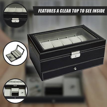 12 Grids Watch Display Case Leather jewellery Storage Box Organiser Lock Key 8