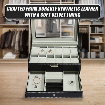 12 Grids Watch Display Case Leather jewellery Storage Box Organiser Lock Key 9