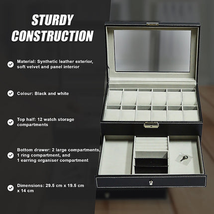 12 Grids Watch Display Case Leather jewellery Storage Box Organiser Lock Key 10