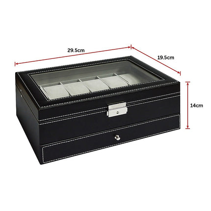 12 Grids Watch Display Case Leather jewellery Storage Box Organiser Lock Key 12