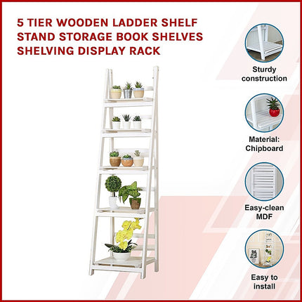 5 Tier Wooden Ladder Shelf Stand Storage Book Shelves Shelving Display Rack 3