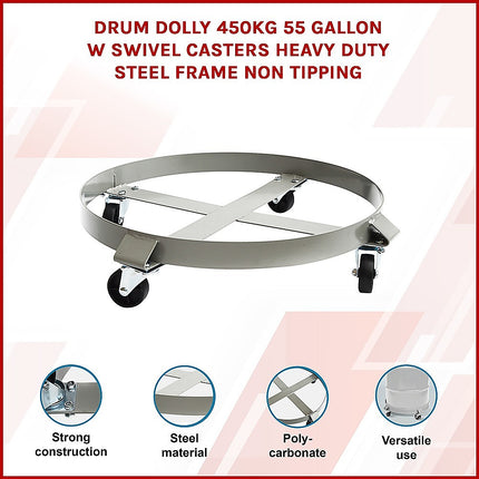 Drum Dolly 450kg 55 Gallon w Swivel Casters Heavy Duty Steel Frame Non Tipping 3