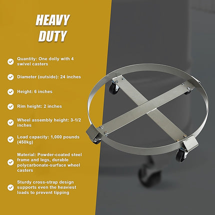 Drum Dolly 450kg 55 Gallon w Swivel Casters Heavy Duty Steel Frame Non Tipping 10