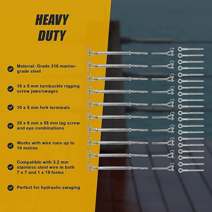 Stainless Steel Wire Rope DIY Balustrade Kit Jaw/Swage Fork Turnbuckle - 10 pack 11