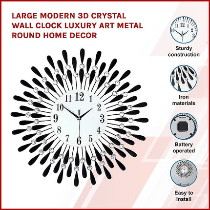 Large Modern 3D Crystal Wall Clock Luxury Art Metal Round Home Decor 3