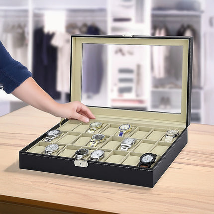 Watch Box - 24 Slot Luxury Display Case With Framed Glass Lid 2