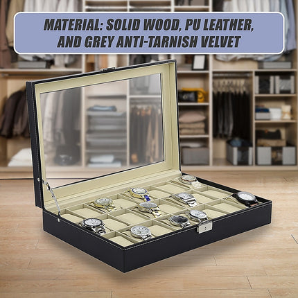 Watch Box - 24 Slot Luxury Display Case With Framed Glass Lid 9