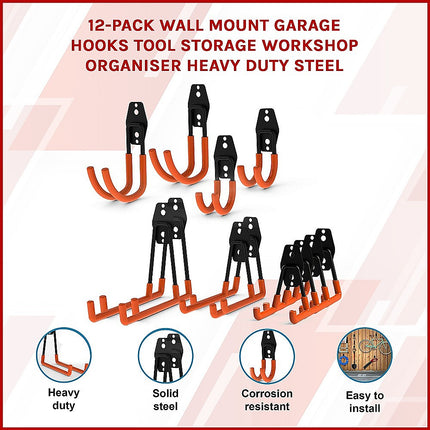 12-Pack Wall Mount Garage Hooks Tool Storage Workshop Organiser Heavy Duty Steel 3