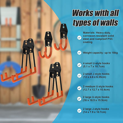 12-Pack Wall Mount Garage Hooks Tool Storage Workshop Organiser Heavy Duty Steel 8