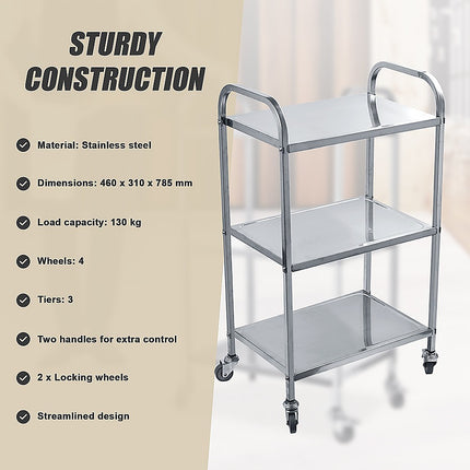 3 Tiers Food Trolley Cart Stainless Steel Utility Kitchen Dining Service 10