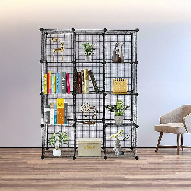 12 Cube Wire Grid Organiser Bookcase Storage Cabinet Wardrobe Closet Black 2