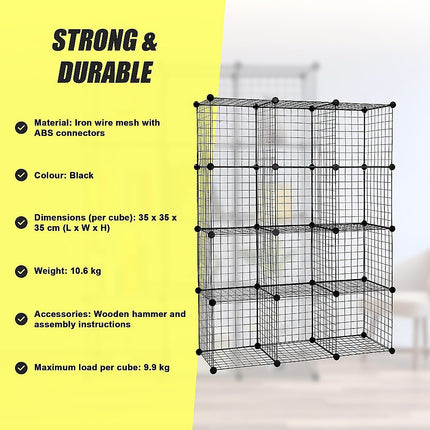 12 Cube Wire Grid Organiser Bookcase Storage Cabinet Wardrobe Closet Black 9
