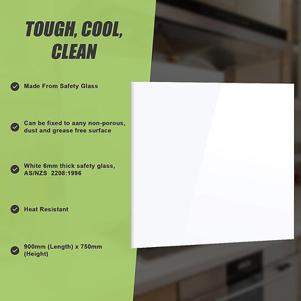 Toughened 90cm x 75cm White Glass Kitchen Splashback 9