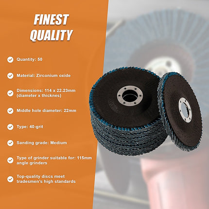 50x Pack Premium Zirconia Flap Disc Sanding Grinding 115mm 4.5" 40 Grit 11