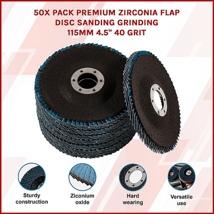 50x Pack Premium Zirconia Flap Disc Sanding Grinding 115mm 4.5" 40 Grit 3