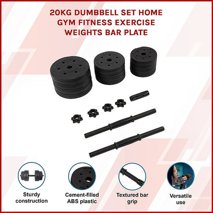 20kg Dumbbell Set Home Gym Fitness Exercise Weights Bar Plate 3
