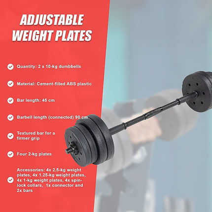 20kg Dumbbell Set Home Gym Fitness Exercise Weights Bar Plate 10