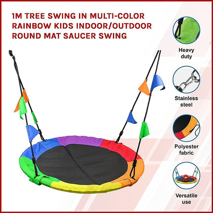 1m Tree Swing in Multi-Color Rainbow Kids Indoor/Outdoor Round Mat Saucer Swing 3