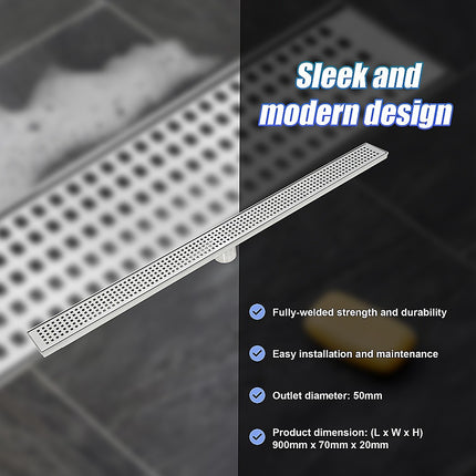 900mm Bathroom Shower Stainless Steel Grate Drain w/Centre outlet Floor Waste Square Pattern 8